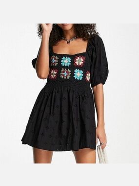 Asos Crochet Cotton Dress Black Size 0 Women's Mini Puff Sleeves Bottom Lining